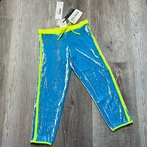 Roberto Cavalli Freedom Donna Blue and Neon Yellow Capri Pants velvet size 6 NWT